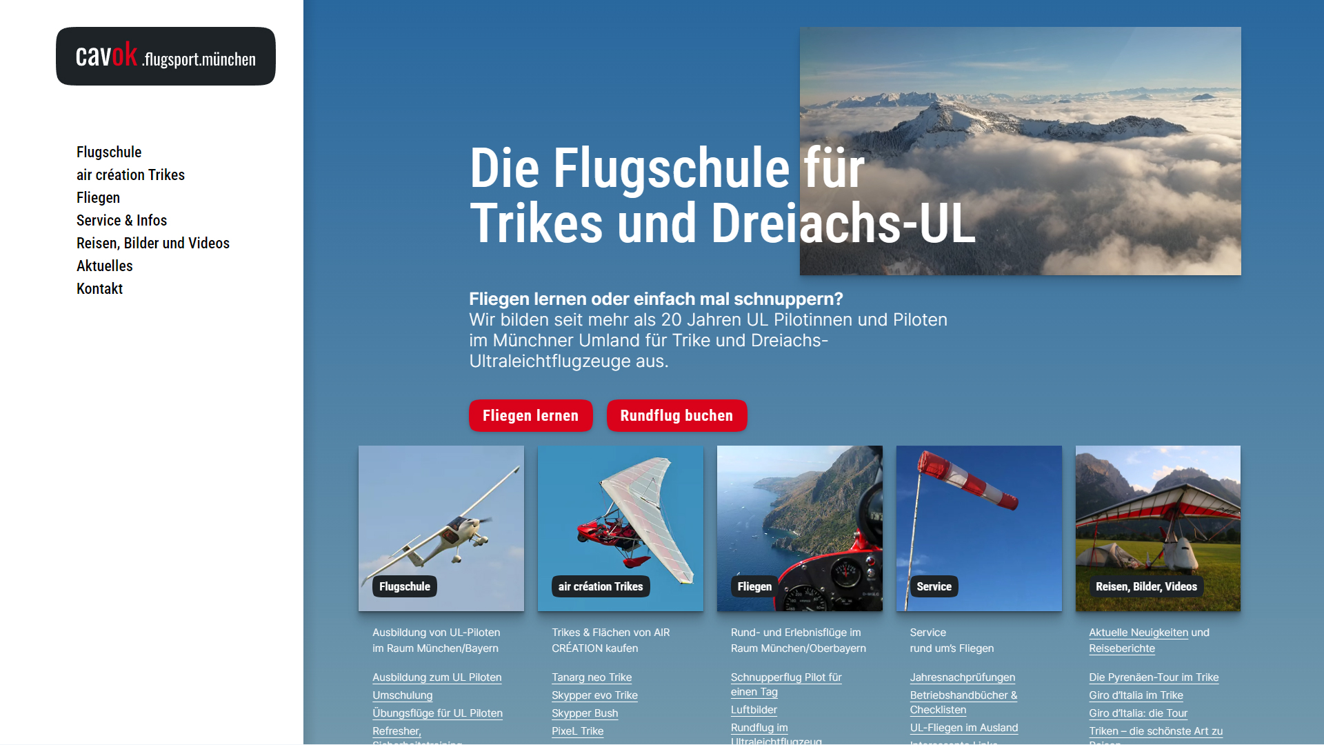 screenshot der desktop-homepage der cavok flugschule
