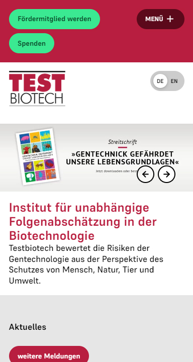 screenshot der mobile-homepage von Testbiotech