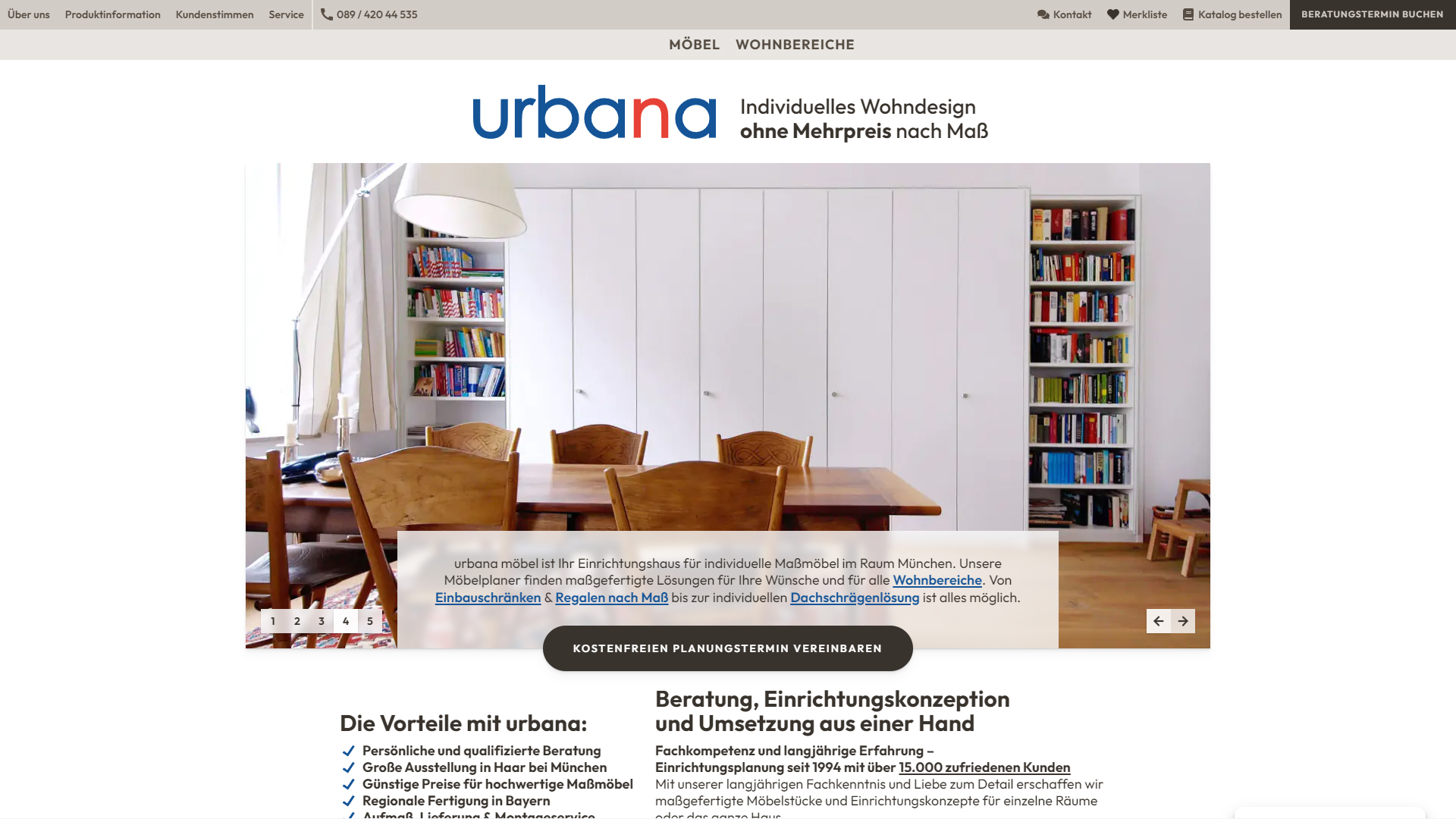 screenshot der desktop-homepage von urbana möbel münchen