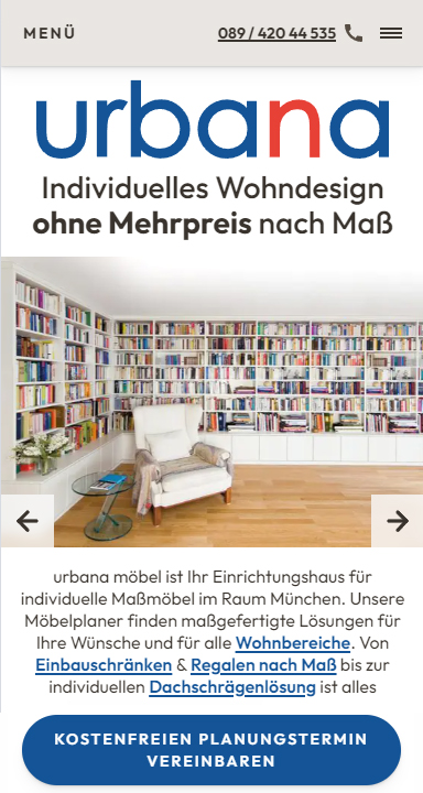 screenshot der mobile-homepage von urbana möbel münchen